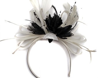 White and Black Fascinator on Headband Alice Band Wedding Ascot Races Loop Net