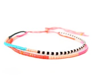 Pink Beaded Friendship Bracelet - Adjustable Bracelet - Pink Ombre - Pink Cord Bracelet - Stackable Bracelet - Double Strand Bracelet