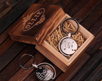 Personalized Monogrammed World Globe May Key Chain Men, Boyfriend, Birthday Father's Day Gift Idea with Wood Gift Box