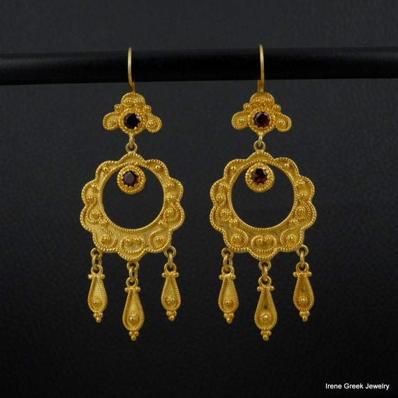 Natural Garnet Earrings Etruscan Byzantine Style 925 Sterling
