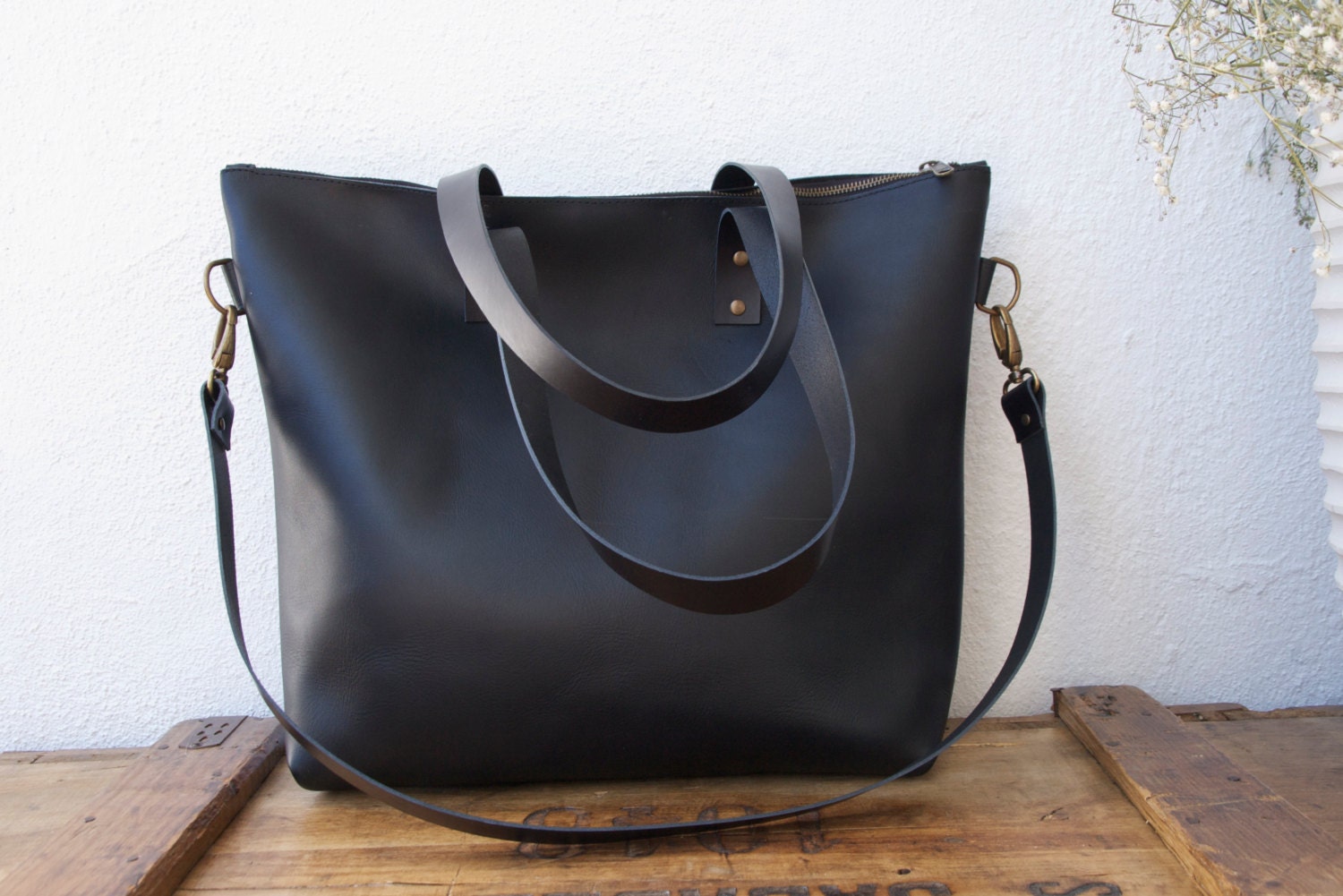 Ready to ship Large Black Leather bag with zip by VermutAtelier