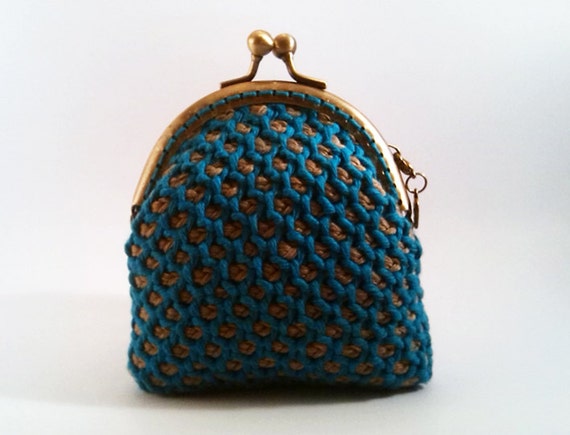 Items similar to Crocheted coin purse - turquoise and brown on Etsy