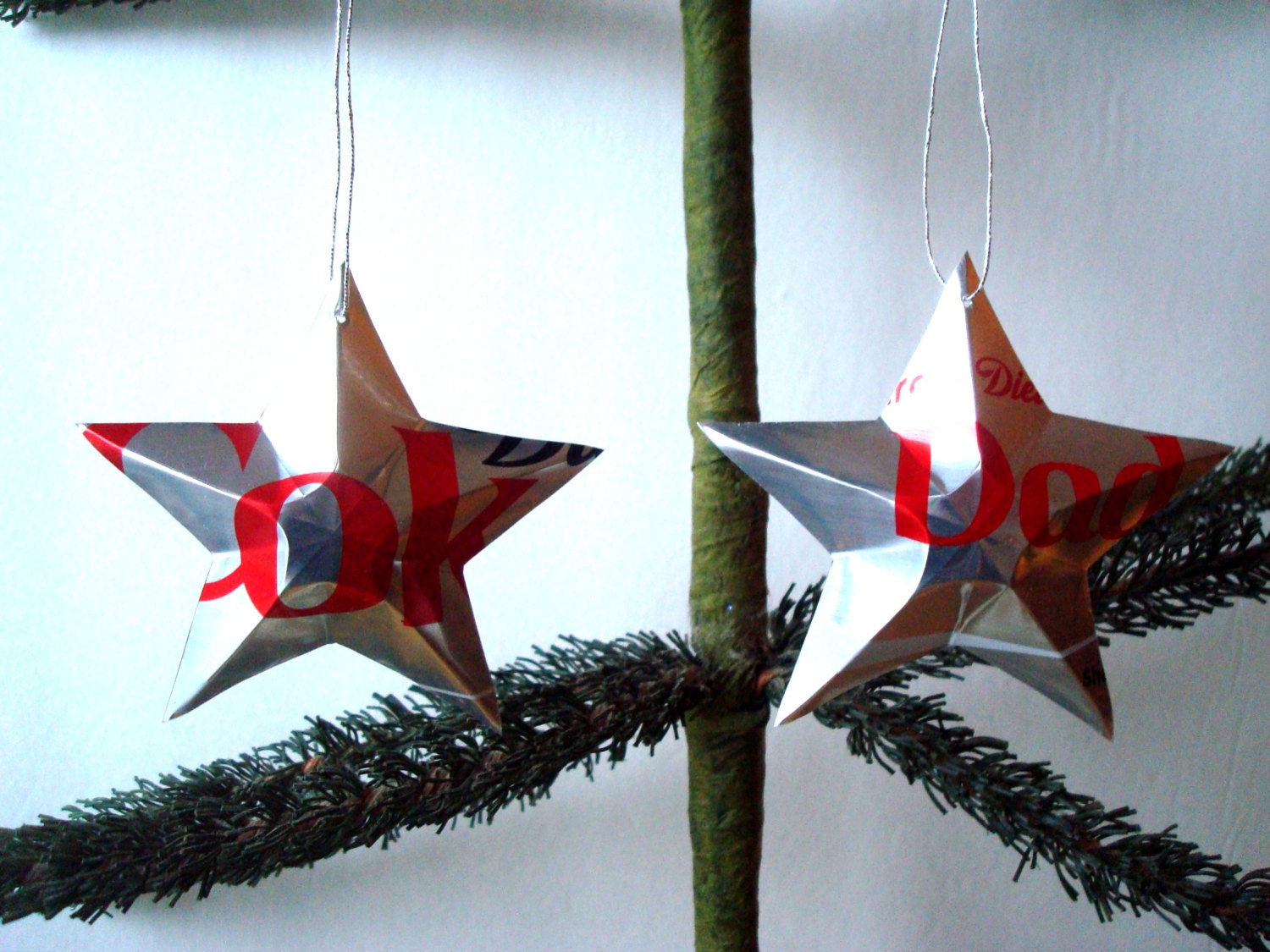 Share A Diet Coke With Dad Soda Can Stars - 2 Handmade Christmas Ornaments or Gift Toppers From Recycled Soda Cans