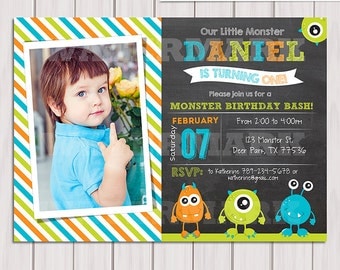 Monster birthday invitation, Little monster invitation, chalkboard invitation, Digital Monster birthday party, personalized, printable