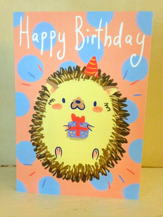 Happy birthday cute hedgehog card by EllenIllustration on Etsy