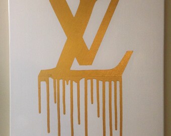 Louis Vuitton Drip (16 x 20 x 0.75 Acrylic Painting) White and Gold, Metallic, Pop Art, Designer ...