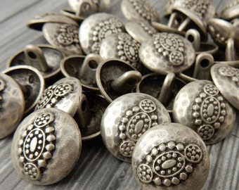 Hammered Tribal Buttons, Antique Silver Metal Button, 18mm Qty 4 , Bali Style, Great for Leather Wrap Clasps or Clothing