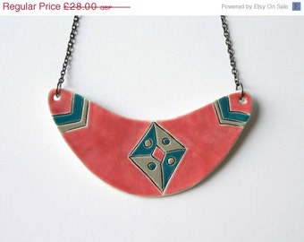 HOLIDAY SALE Geometric ceramic stat ement necklace, red ethnic jewelry ...