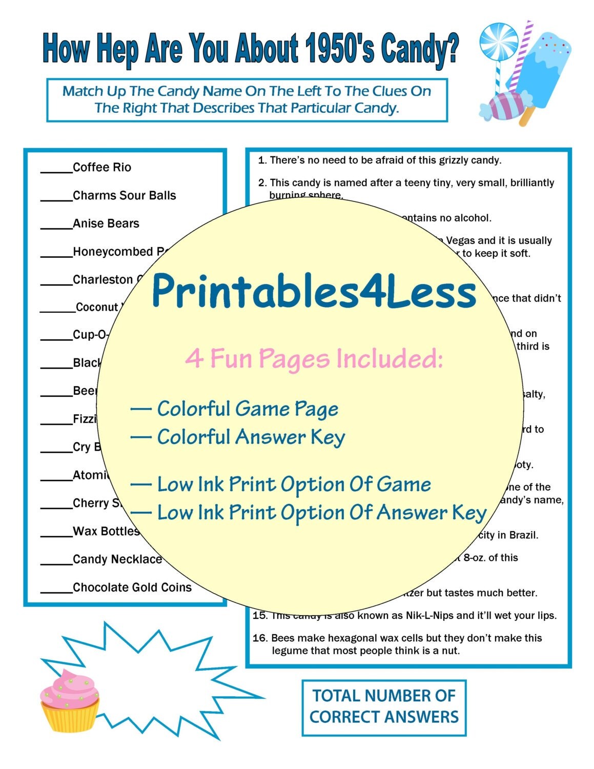 1950s Candy Game Printable Trivia Game Printable Brain