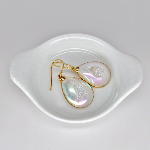 gold white druzy opal aura earrings, authentic druzy with opal aura ...