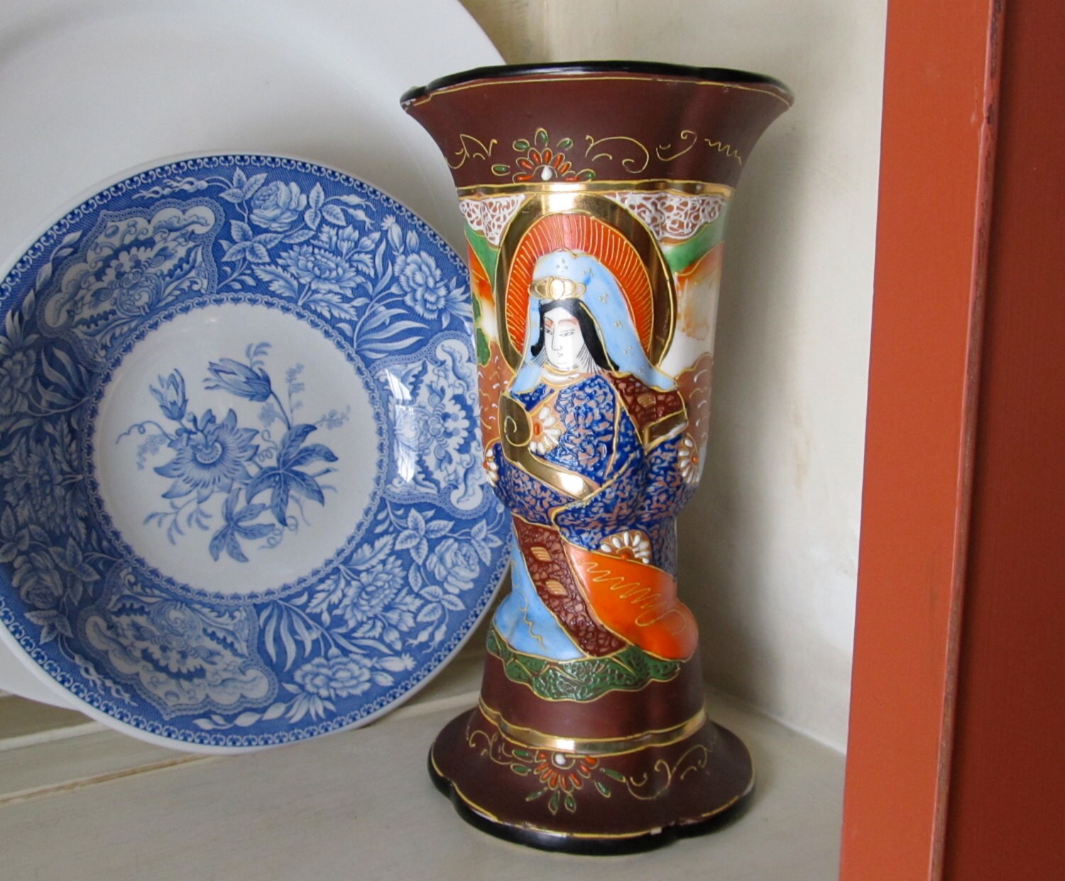 Abstract SATSUMA Moriage Pottery Vintage Japanese Hand Painted