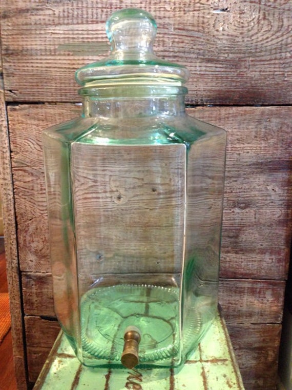 Green Glass Drink Dispenser Brass Spigot Made in Italy