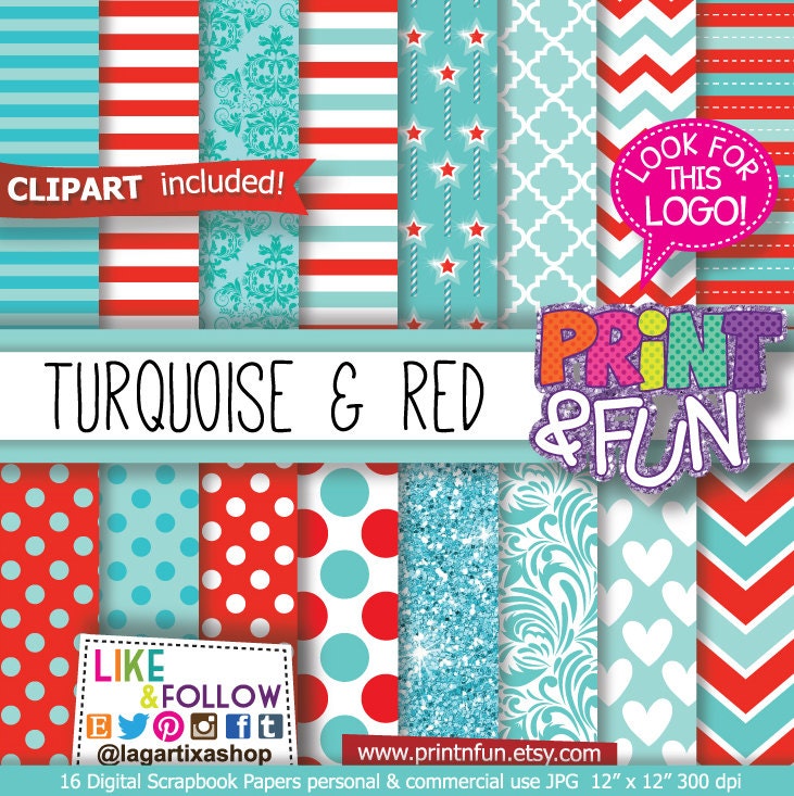 Turquoise Red Patterns Digital Paper Teal Glitter stars