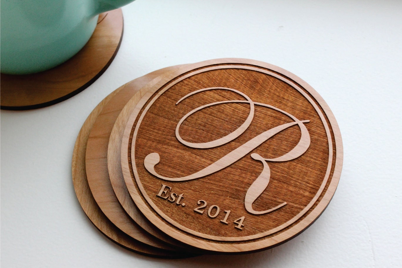 Download Personalized Monogram Coaster Set of 4 Custom Engraved Cherry