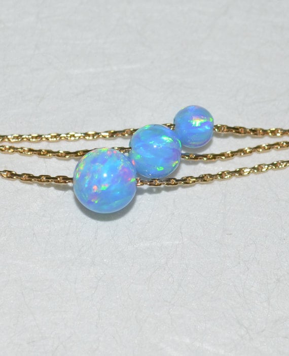 Opal Necklace, Tiny Dot Necklace, Small Opal Ball Gold Necklace, blue opal charm, simple dainty circle opal bead necklace, opal jewelry