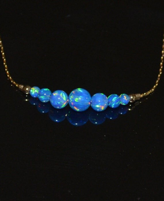 Opal Necklace, Tiny Dot Necklace, Small Opal Ball Gold Necklace, blue opal charm, dainty opal beads horizontal bar necklace, opal jewelry