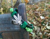 Black Leather, Marijuana Leaf, Adjustable Bracelet, Green Beads, 420, Gift for Her, Gift, Gift for Him, FREE Shipping in the USA