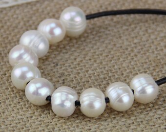 2mm large hole pearls bead,white large hole freshwater pearls,10mm potato near round big hole pearls wholesale,leather jewelry material,5pcs
