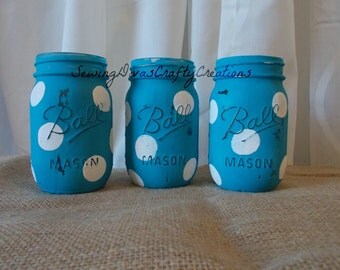 Three Hand Painted Mason Jars, Shabby Chic Wedding, Turquoise & White Polka Dots Mason Jars