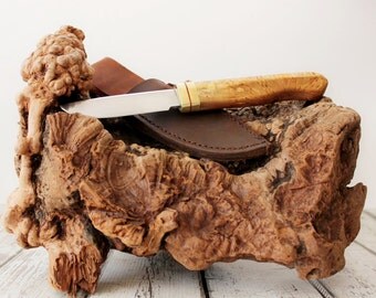 Puukko Style Utility Knife Masur Birch and BrassHandle, Hand Forged Knife, Handmade Leather Sheath, Brown and Biege, Man Cave Gift