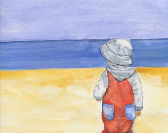 Watercolor Art Print 8x10 of an original watercolor Children on the beach