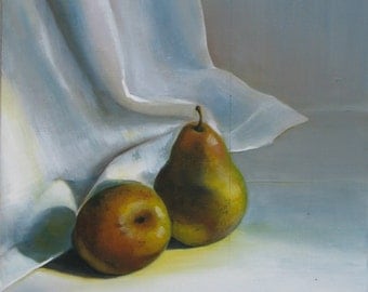 Still life painting of two pears, oil on reclaimed wood 44,5 x34 cm