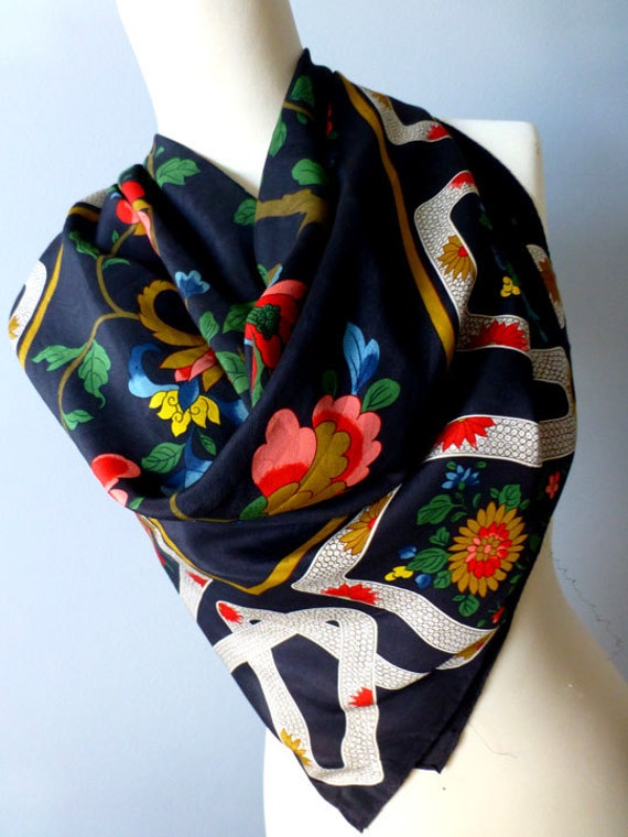 Black Floral Silk Neck Scarf Asian Japanese Colorful Flowers