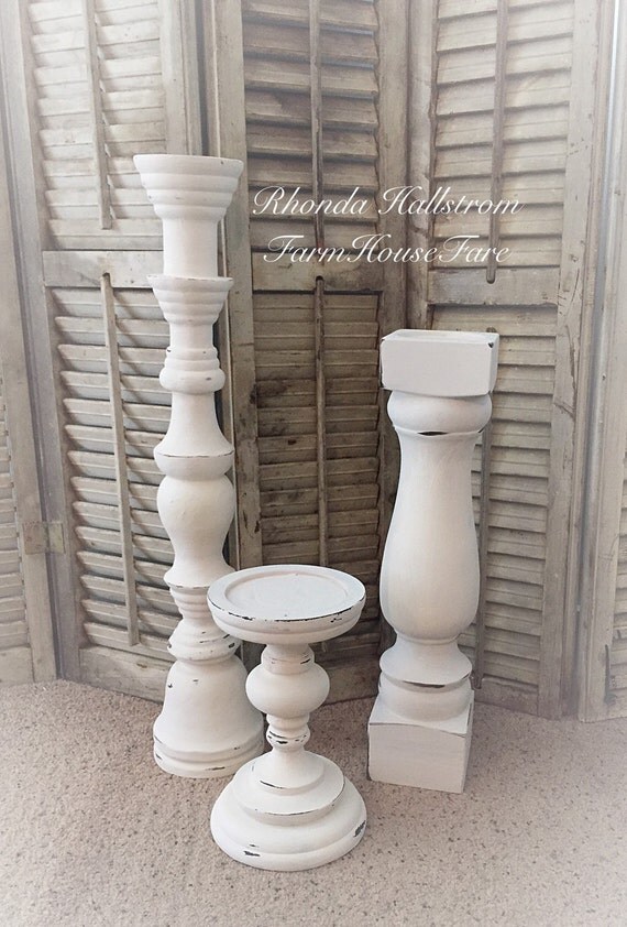 Set of 3 Tall White Candle Holders Shabby Chic by FarmHouseFare