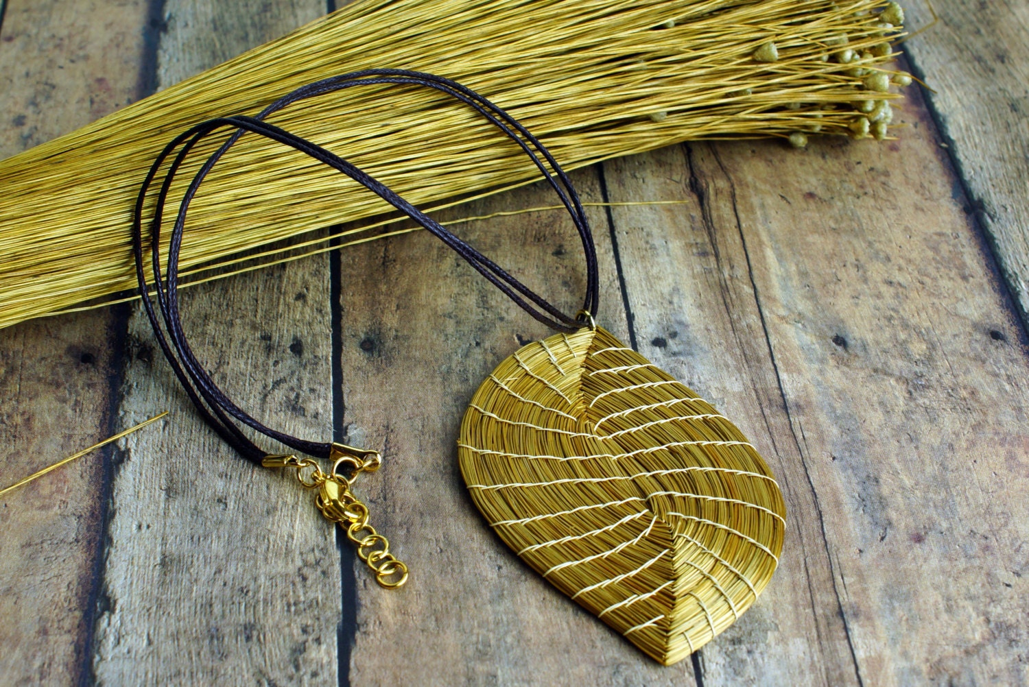 Leaf Necklace Pendant Necklace Golden Grass Leaf by ColorsofBrazil
