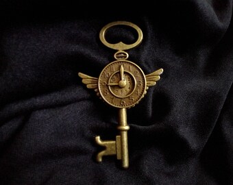 Handmade Steampunk winged clock and key brooch pin FREE SHIPPING!