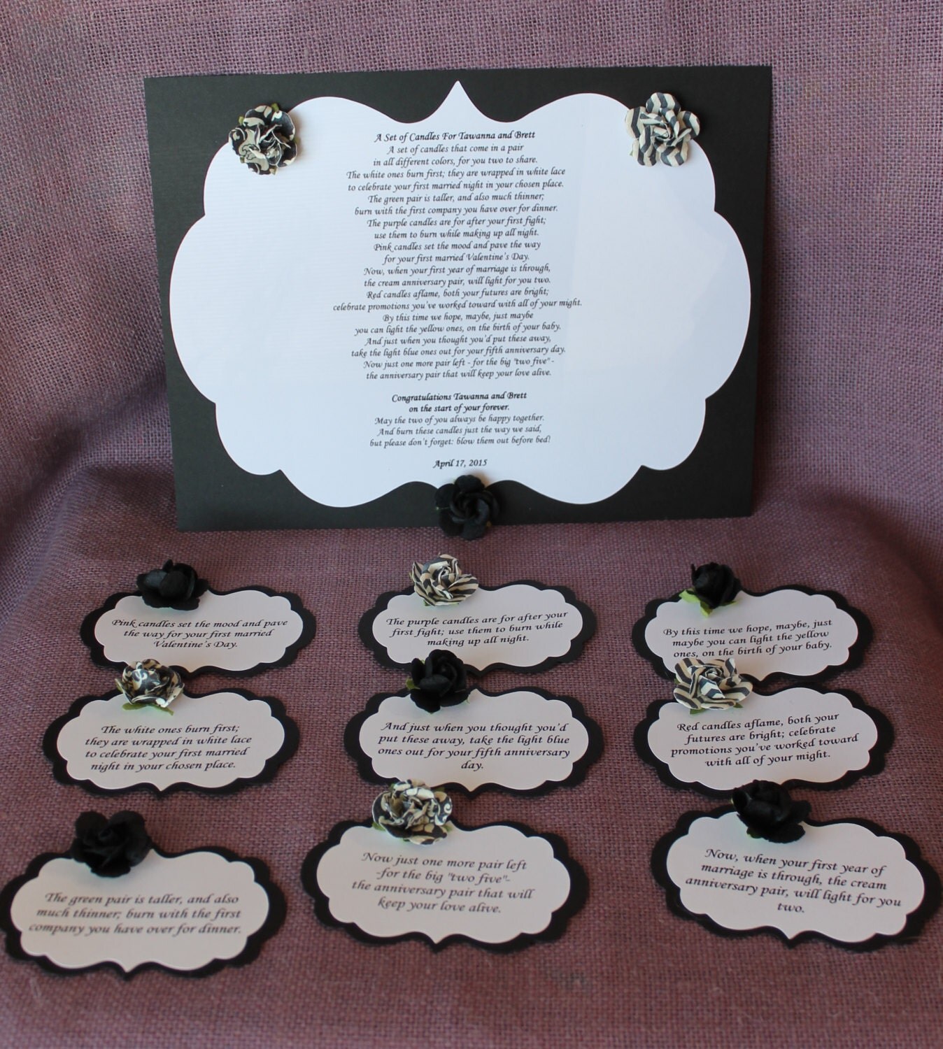 Wedding Shower Candle Poem black and whiteTag Set. Bridal