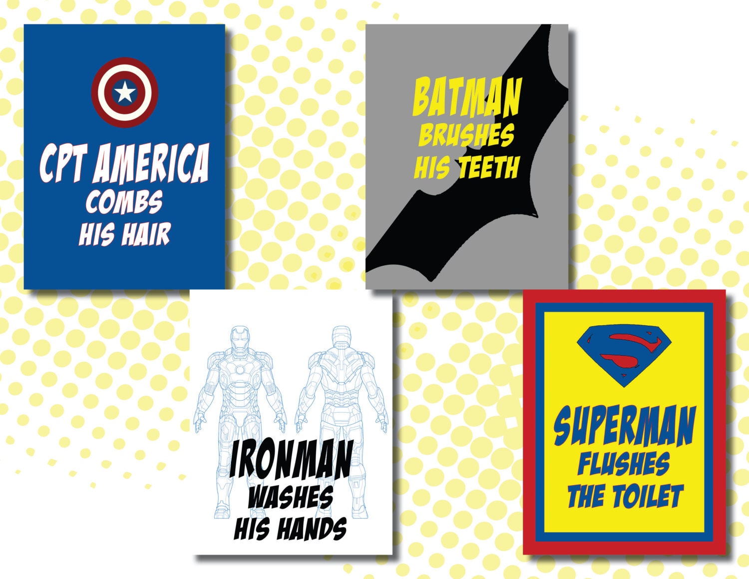 Set of Superhero Bathroom signs with Batman Ironman