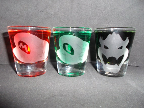Mario hat, Luigi hat, Bowser icon etched shot glass set of 3 fan art
