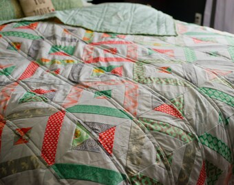 twin size quilt, modern quilt, quilt, modern patchwork quilt, wedding gift, coral quilt, patchwork quilt, mint quilt, gray quilt