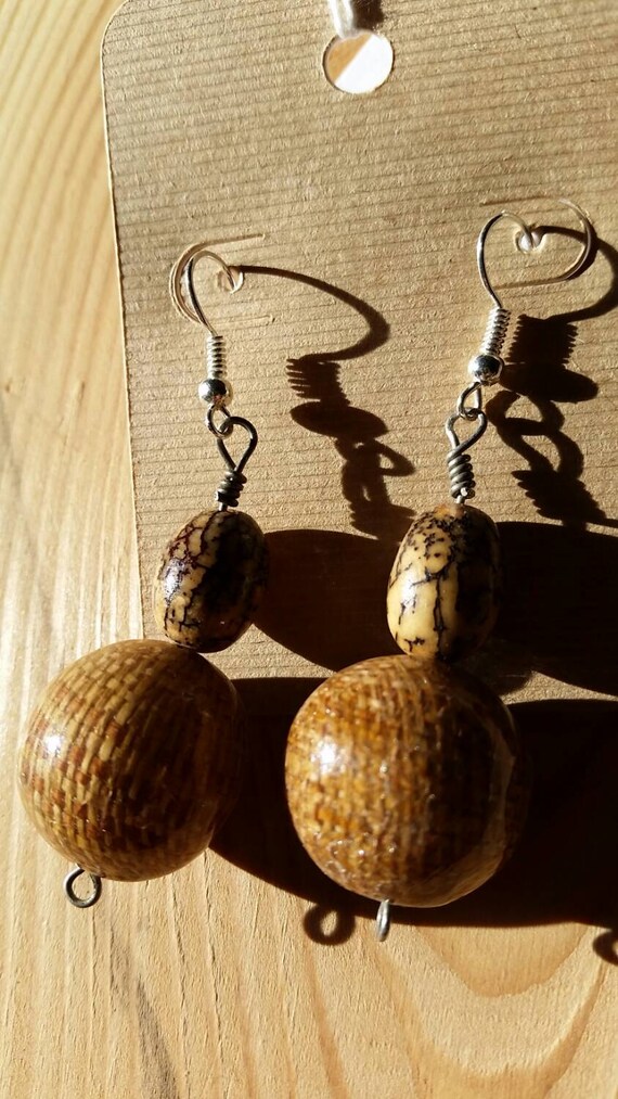 Handmade Earthy Lightweight Nut and Wicker Ball Earrings