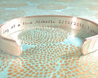 Sober Gift | Recovery Gift | Healing Gift | One day at a time (name) (Date) 1 year sober | Custom Hand Stamped Bracelet by MadeByMishka.com