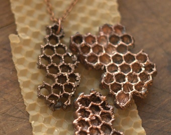 Electroformed honeycomb, electroplated honey comb necklace, natural comb copper electroform, eco friendly, boho bee jewelry, metal pendant