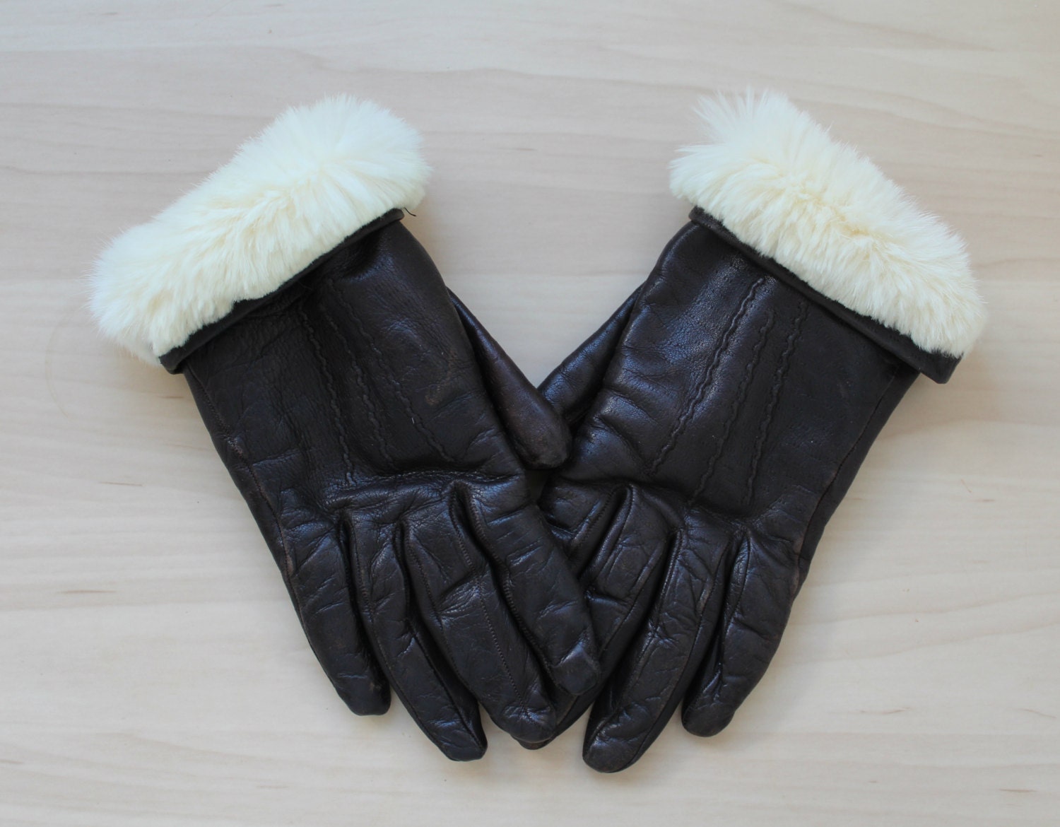 Vintage Real White Rabbit Fur Skin and Leather Gloves, Very Good ...