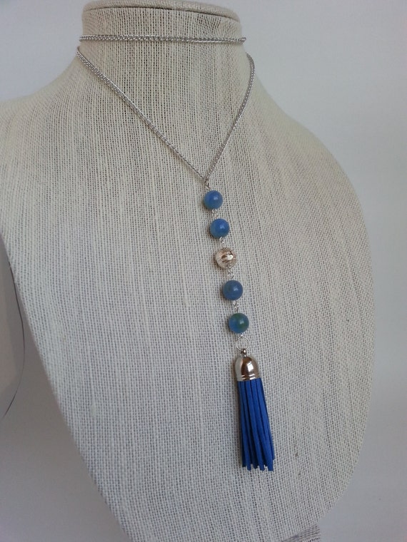 Blue Tassel Necklace Blue Long Tassel by LoveableJewelries on Etsy