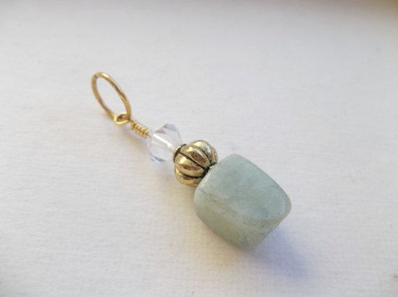 Handmade Aquamarine Gemstone and Swarovski Clear Crystal Antiqued Gold Pendant with Ring 