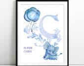 CHRIS, Elephant, Ballons, Custom Baby Name, Art, Letter C, Nursery, Poster, Print, Alphabet C, Boy, Initial, Baby Shower Gift, Wall Decor