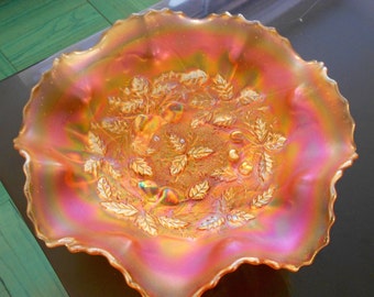 SUMMER CARNIVAL SALE**Marigold Northwood Carnival Glass Ruffled Bowl with 3 Fruits Medallion Pattern