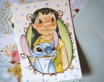 Lilo and Stitch - Handpainted Postcard.