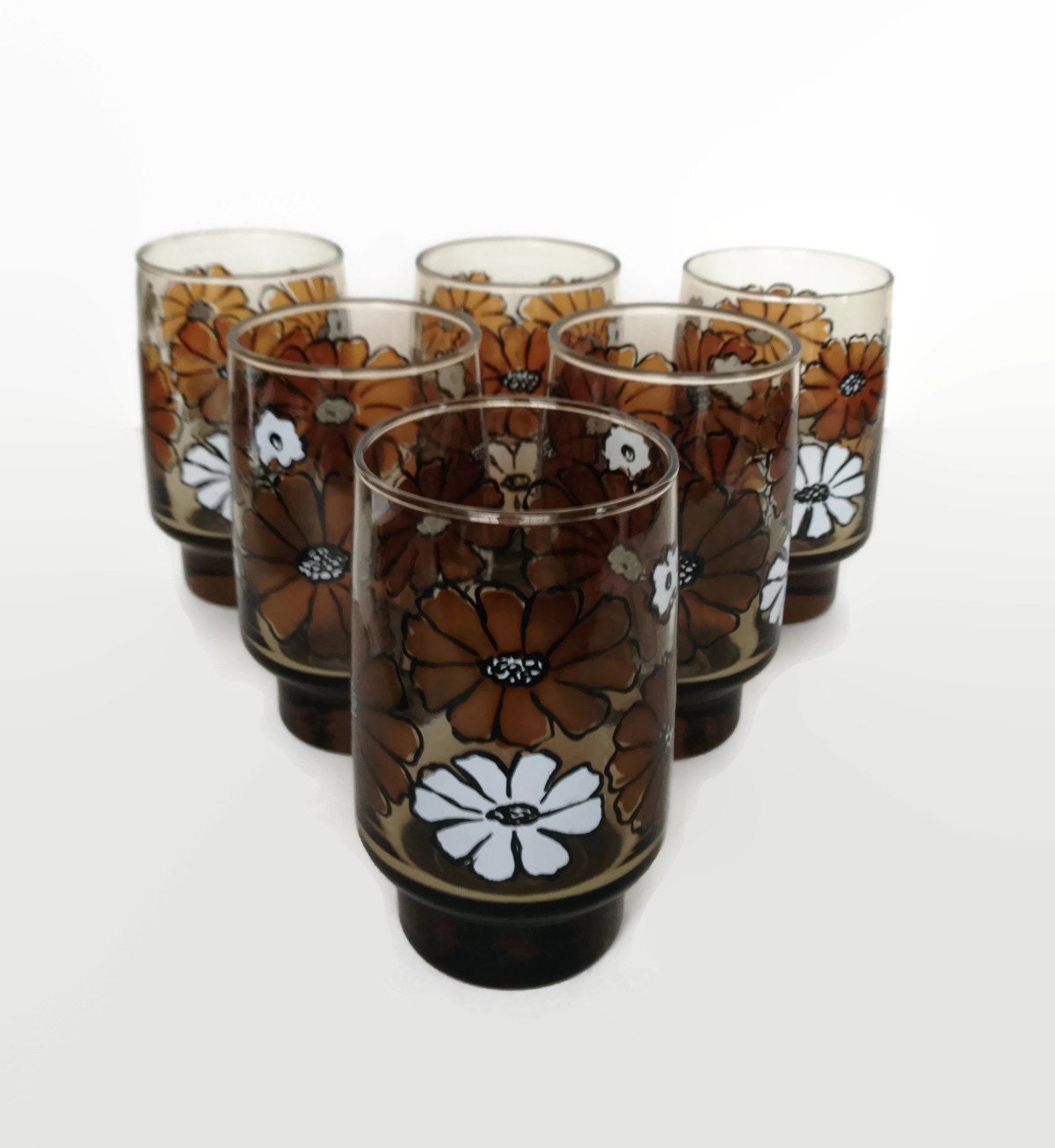 Vintage Libbey Drinking Glasses Brown And White Flowers Ts 6144