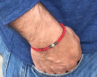 FREE SHIPPING-Men's Red Bracelet,Men's Beaded Bracelet,Men Stone Bracelet,Men's Stretch Bracelet, Mens Hematitel Bracelet,Bracelets For Men