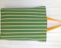 Cotton Tote Bag, Green with Yellow Stripes, Nylon Webbing Straps ...