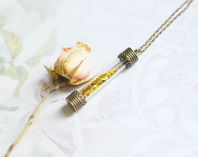 TIME MAGIC // Glass Tube Pendant with glitter /// Gold, beige, vintage