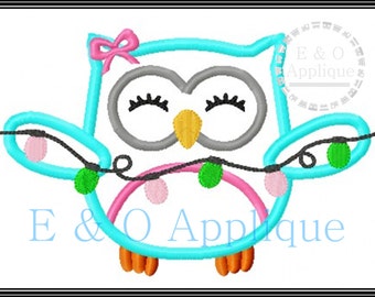 Christmas Embroidery Design - Christmas Owl Applique - Holiday Owl Applique - Owl Applique Design - Owl Embroidery Design - Christmas Lights