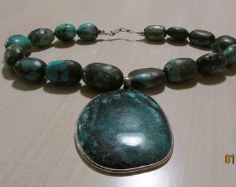 Large Turquoise Pendant and Beads Necklace