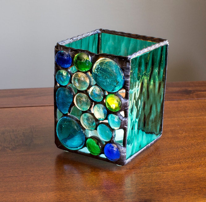 Blue and Green Beachy Stained Glass Votive Candle Holder
